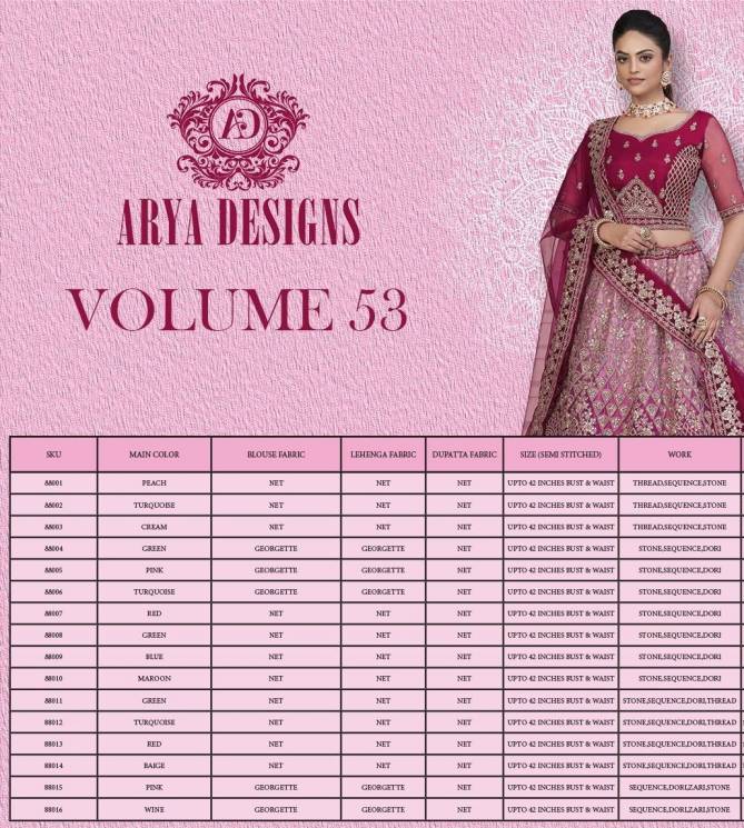 Volume 53 By Arya Designs 88001 To 88016 Series Designer Lehenga Choli Wholesalers In Delhi